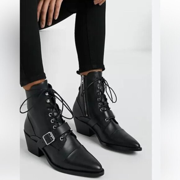 AllSaints Katy Leather Zip Buckle Lace Up Moto Western Heel Boots Festival Shoe - Picture 8 of 16